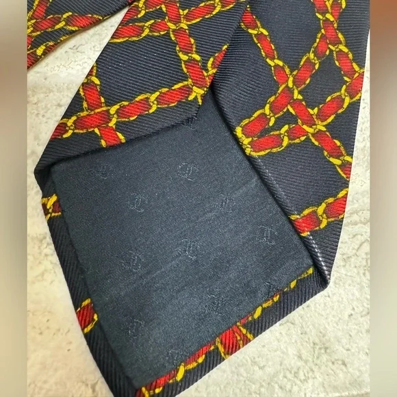 CHANEL vintage silk men’s necktie navy red gold chain ribbon pattern print - Picture 6 of 8